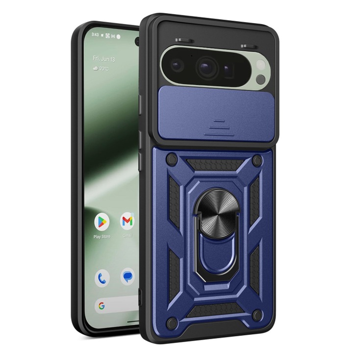 Tok Google Pixel 10 / 10 Pro DaDen Hibrid Páncél Kitámasztóval, Csúsztatható Kameravédővel, Ütésálló, Kiváló Védelem, Kék