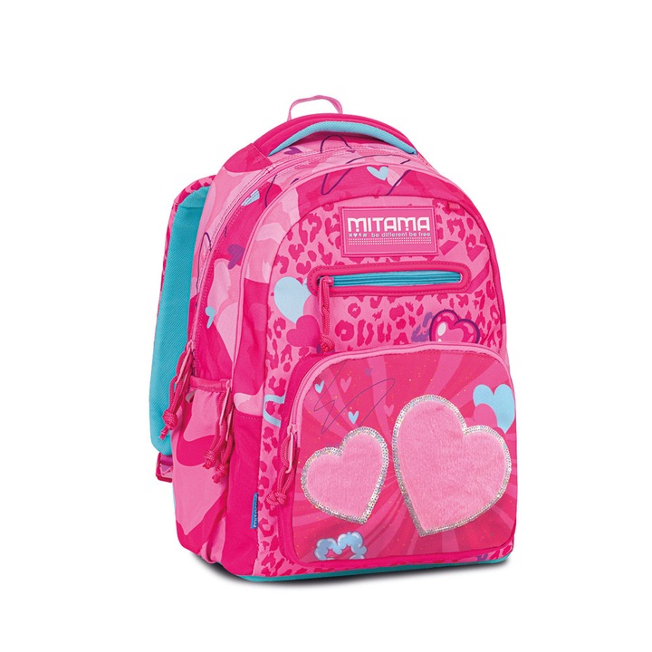 Mitama iskolatáska, 3 rekesz, Rózsaszín szív mintás