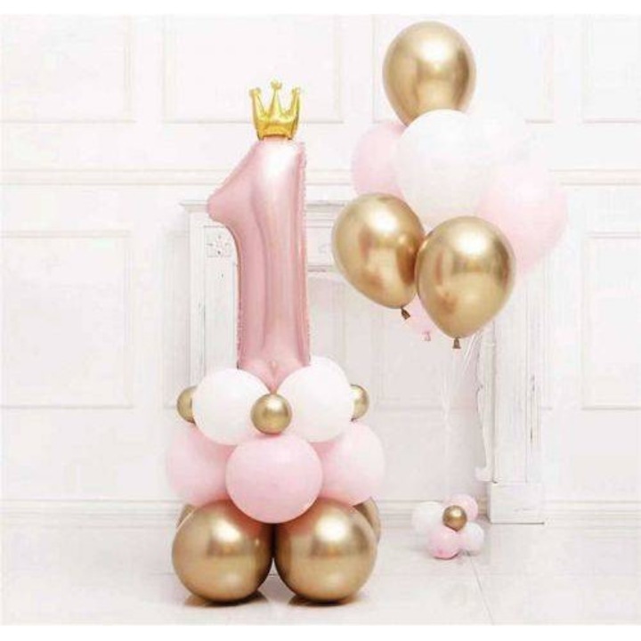Cyfra 1 rózsaszín lufikészlet, 1 db 91 cm-es lufi, 6 db 12 cm-es latex lufi, 5 db 12 cm-es fém lufi, 10 db 30 cm-es latex lufi, 7 db 30 cm-es króm lufi