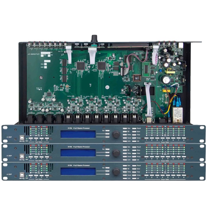 Audio processzor, 4 bemenet, 8 kimenet, programozható előlap, 1U rackbe szerelhető