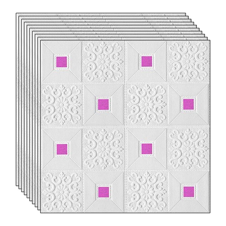 10 db-os 3D NEXTLY öntapadós tapéta szett, falra vagy mennyezetre, vízálló, állítható, erős ragasztóval, könnyen felhelyezhető, 4,9 m² fedett terület, 70x70 cm, modern design, fehér-lila, kód 7373-25