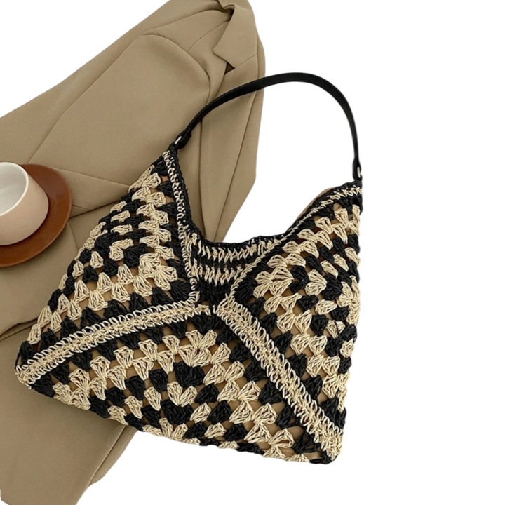 Geanta dama, crosetata, negru cu auriu, 35x30cm