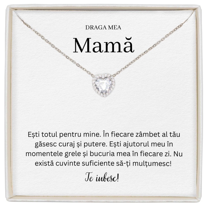 Cadou Pentu Mama, Colier Forever Yours, Piatra Zirconiu, Mesaj De Iubire Pentru Mama, Colier Inima, Lungime 41+5cm