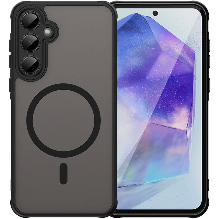 Husa cu magnet pentru Samsung Galaxy A55 5G, Magnetic Defense Remastered, Policarbonat mat, Spate fumuriu, Colturi cu protectie antisoc, Atasare magnetica, Wireless charging, Negru