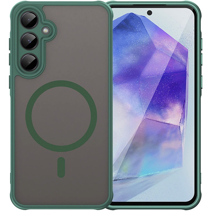 Husa cu magnet pentru Samsung Galaxy A55 5G, Magnetic Defense Remastered, Policarbonat mat, Spate fumuriu, Colturi cu protectie antisoc, Atasare magnetica, Wireless charging, Verde inchis