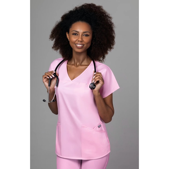 Costum medical de dama, bluza si pantalon, Slim Fit, New AMBRA, Roz, 2XL