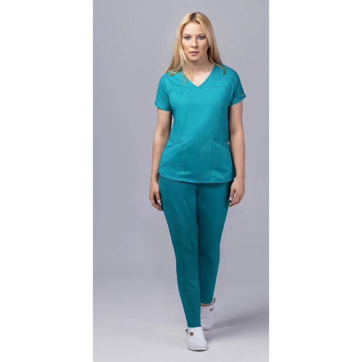 Costum medical de dama, bluza si pantalon, Slim Fit, New AMBRA, Turcoaz, 3XL