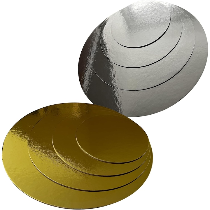 Set 4 Platouri pentru Tort – Reversibile Auriu/Argintiu – Ø15, 20, 25, 30 cm, Baza Stabila si Eleganta pentru Torturi, Prajituri si Gustari