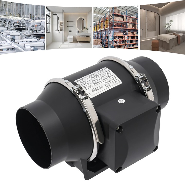 Légcsatorna ventilátor, ZA-100-1 axiális soros ventilátor, 35W, 220 m³/h légáram, csendes IPX2, 220V EU csatlakozó, Fekete