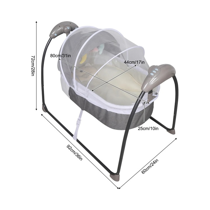 Balansoar pentru bebelusi, functionare cu telecomanda, viteze de balansare ajustabile, gri