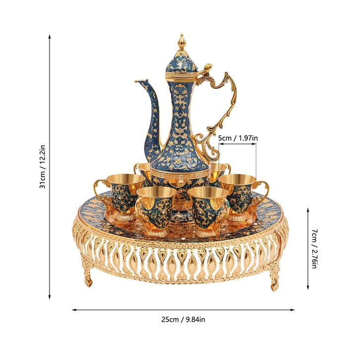 Set de Servire Ceai, 6 Cani, Design Elegant, Albastru Inchis, 31cm