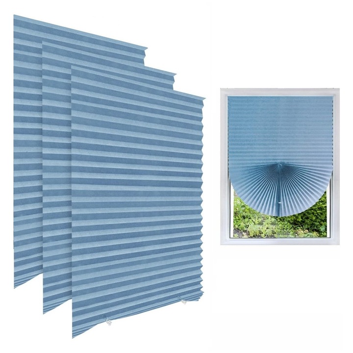 Set 3 Jaluzele Plisate Autoadezive, Reglabile, Montaj Fara Gaurire, Albastru, Dimensiuni 60x150 cm – Luxer