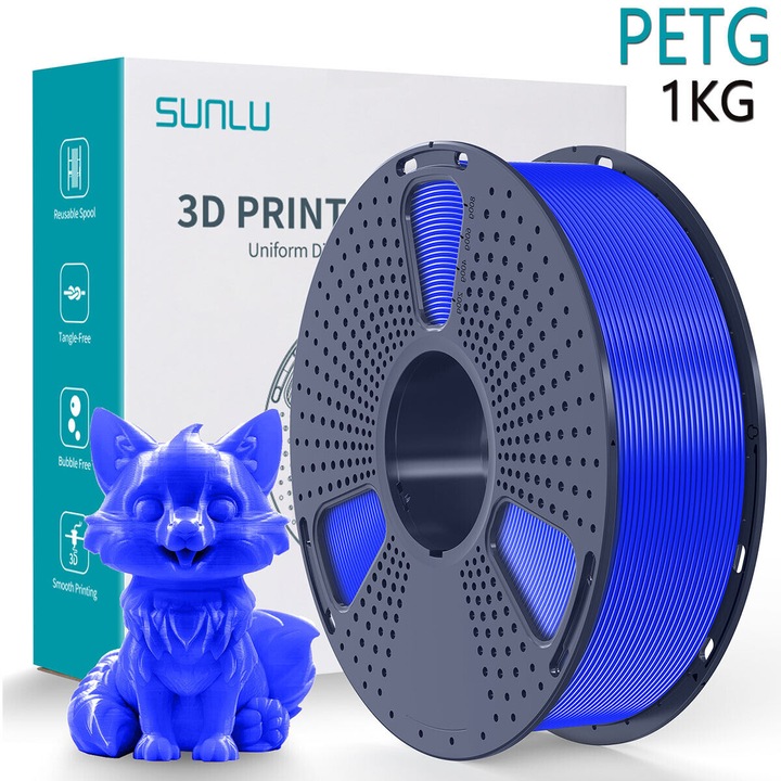 Rola filament 3D, Sunlu, PETG, Culoare Albastru, 1kg, lungime 330 m, diametru 1.75mm, compatibil cu majoritatea imprimantelor 3D tehnologie FDM, ideal pentru imprimantele BambuLab