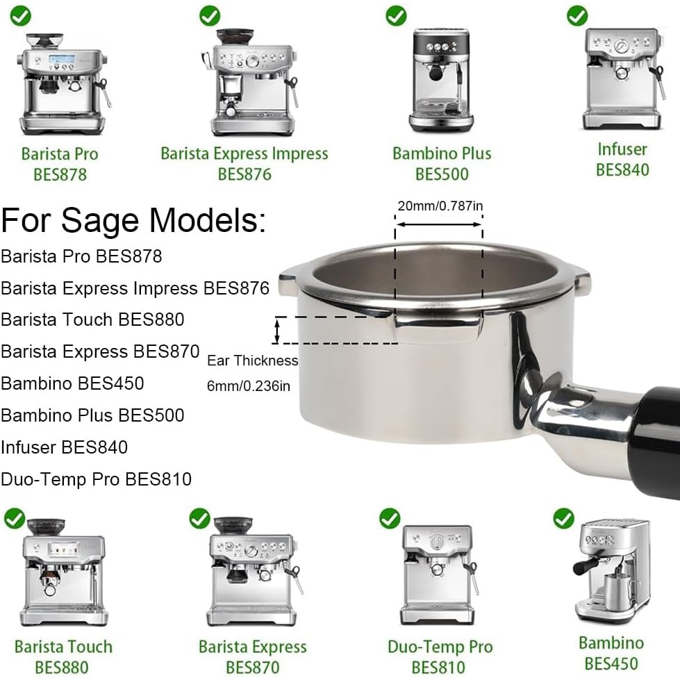 CAPFEI Porte-filtre 54 mm à double bec pour Sage/Breville Barista BES 870/ 878/880 avec panier filtrant en bois de noyer et porte-filtre en acier inoxydable