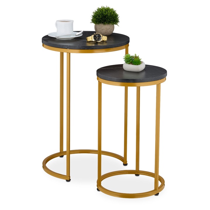 Set 2 mese Relaxdays, efect marmura negru/auriu, 51x30cm/61.5x40cm