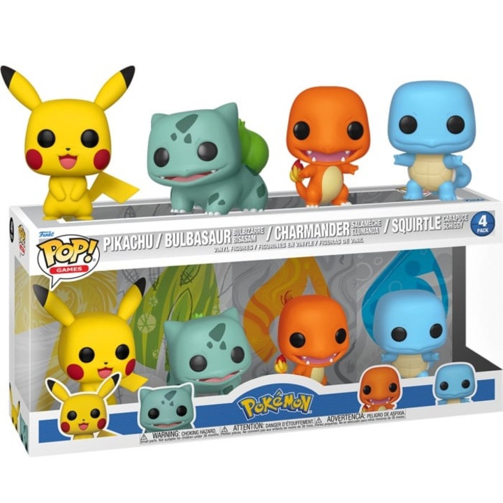 Set 4 x Figurine Funko POP! Pokemon, Pikachu, Bulbasaur, Charmander & Squirtle