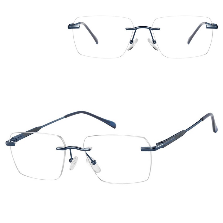 Ochelari de vedere unisex, Sunoptic 869E, fara rame, metalici, albastru marin, dimensiuni 13.5x3.8cm, set cu etui