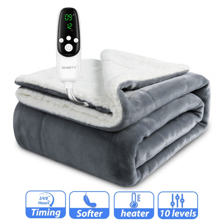Електрическо одеяло, SHAWTY®, 180x200 см, 220gsm, фланелен и шерпа материал, 10 регулируеми нива, таймер 3 режима (2/4/8ч)