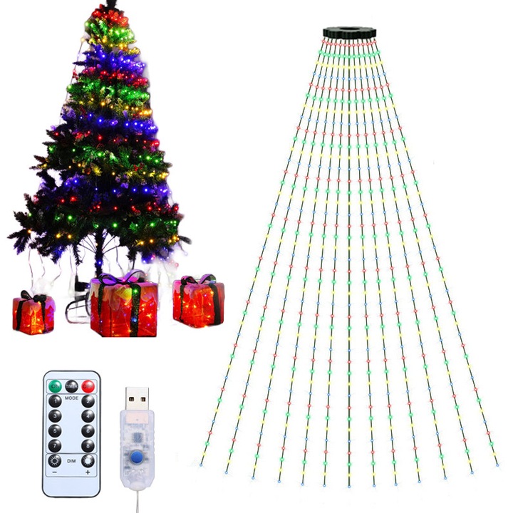 Instalatie pentru brad de Craciun, 2m/bucata, 20 de bucati, 400 de LED-uri, lumini colorate, 8 feluri de modele, functie de temporizare, luminozitate reglabila, cu telecomanda, alimentare prin USB, rezistenta la apa, pentru interior/exterior