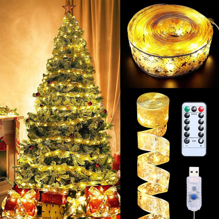 Instalație Crăciun Prixtal, 100 LED-uri, lumina caldă, 10m, telecomandă, impermeabilă