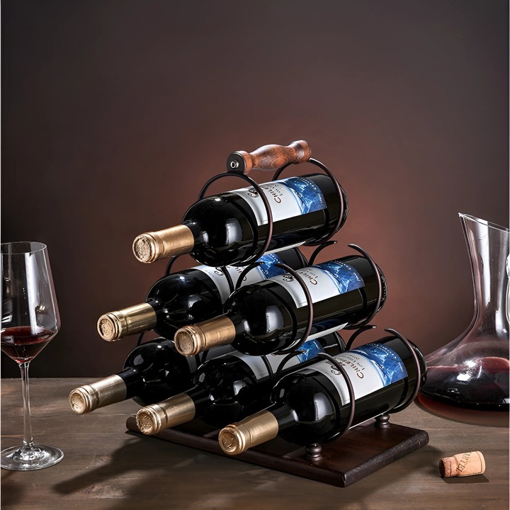 Метална поставка за бутилки вино, дървен капак и дръжка, Herum, Кафяво/Черно, 30 x 16 x 32.5 см