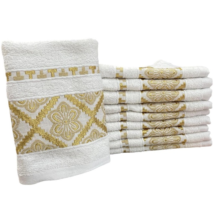 Set 10 Prosoape 50 x 90 cm, Bumbac, model Floral, deosebit, Alb Auriu