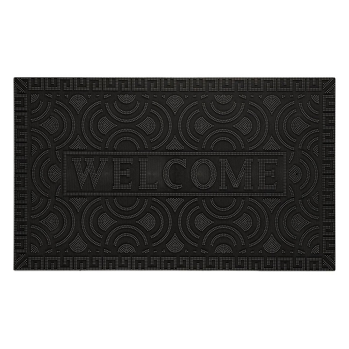 Frottír lábtörlő, fekete, 75x45 cm, gumi, "Welcome" felirattal, MYONNA IT & E- COMMERCE ®