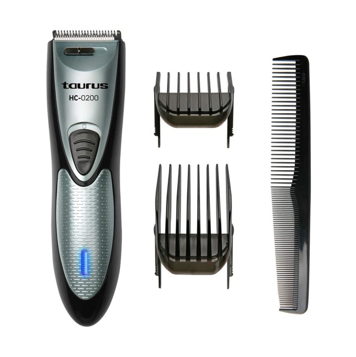 Taurus HC 0200 hajvágógép, rozsdamentes acél pengéjű vágókészülék, 11 állítható vágási fokozat 0,8 mm és 36 mm között, ideális haj- és szakállvágáshoz, tartozékokkal, ergonomikus kialakítás, ezüst-fekete szín