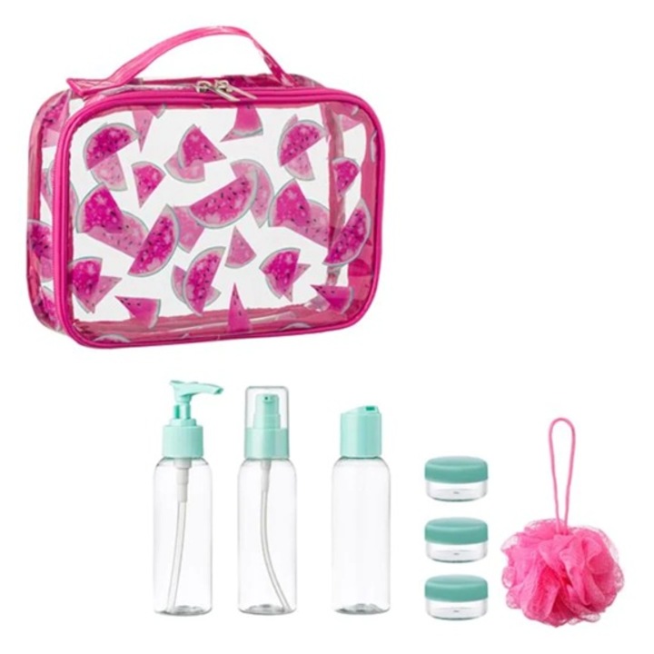 Пълен комплект контейнери за пътуване, Zanox®, 7 аксесоара, чанта за носене с дизайн на диня, 22 x 6 x 15 см