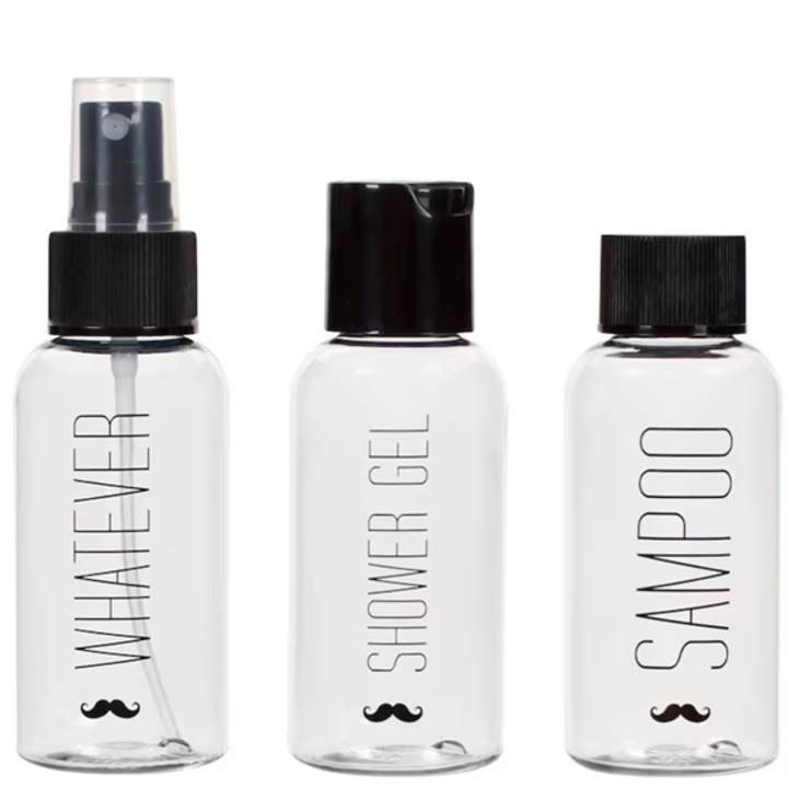 Set 3 Sticle de Voiaj Zanox, 80 ml, transparente cu imprimeu, capac colorat