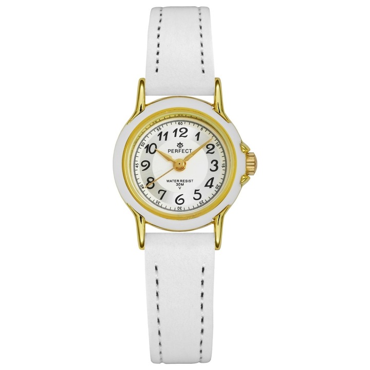 Детски ръчен часовник Perfect LP284-1, кварцов механизъм, златисто-бял корпус, каишка от естествена кожа, 24x19 мм
