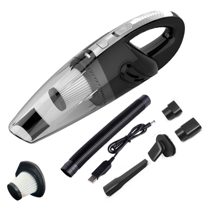 Aspirator de mâna portabil, 120W, 4 bar, funcție umedă și uscată, încărcare USB, 5 accesorii, negru