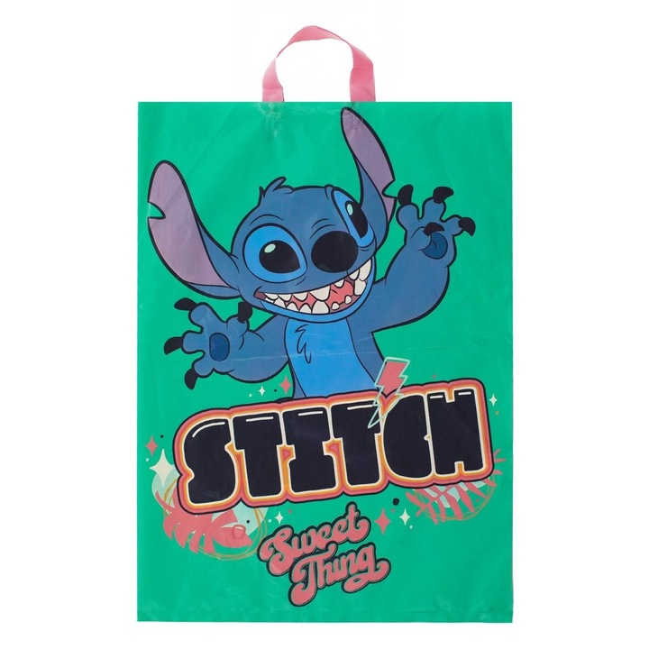 Pungă cadou verde bleu Stitch, mânere roz, 50x70cm