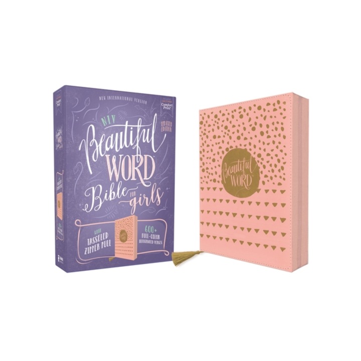 Niv, Beautiful Word Bible for Girls, Updated Edition, Leathersoft, Zippered, Pink, Red Letter, Comfort Print 600+ Full-Color Illustrated Verses