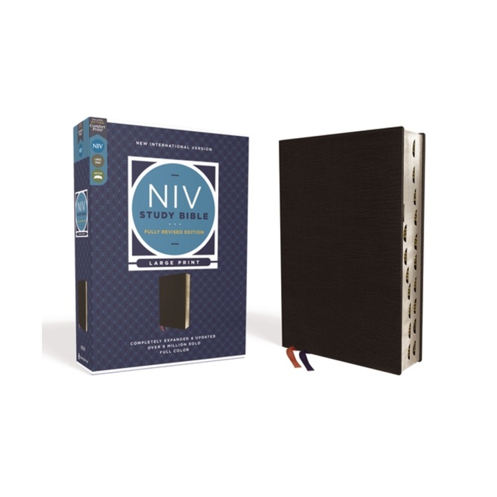 NIV Study Bible, Fully Revised Edition, Large Print, Bonded Leather, Black, Red Letter, Thumb Indexed, Comfort Print, Kenneth L. Barker
