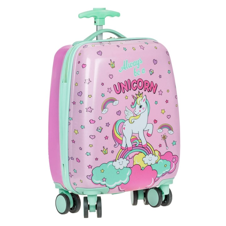 Gyerek gurulós bőrönd, Egyszarvú modell, Rózsaszín/Zöld, 22L, 4 dupla kerék, 30x21x50 cm, T-fogantyú, ABS kopolimer, MYONNA IT & E- COMMERCE ®