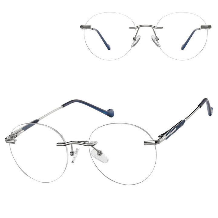 Ochelari de vedere unisex, Sunoptic 870D, metalici argintii cu insertii bleumarin, set cu etui și ștergător, dimensiuni 12.8x4.6cm