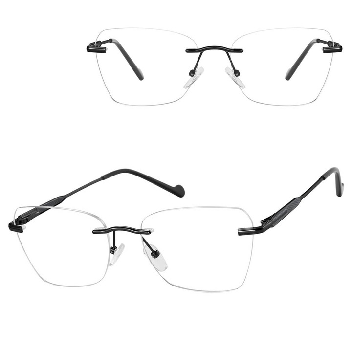 Ochelari de vedere fara rama, Sunoptic 871C, metalici, negru, dimensiuni 13.2x4.1cm, set cu etui si servetel