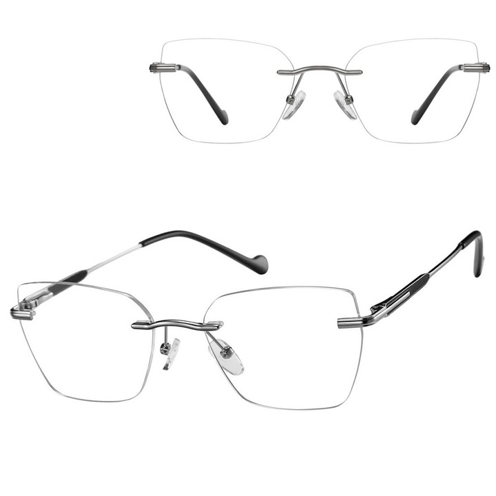 Ochelari de vedere fara rama Sunoptic 872B, metalici, argintii cu negru, forma ochi de pisica, cu suport pentru lentile corective, set cu etui si servetel