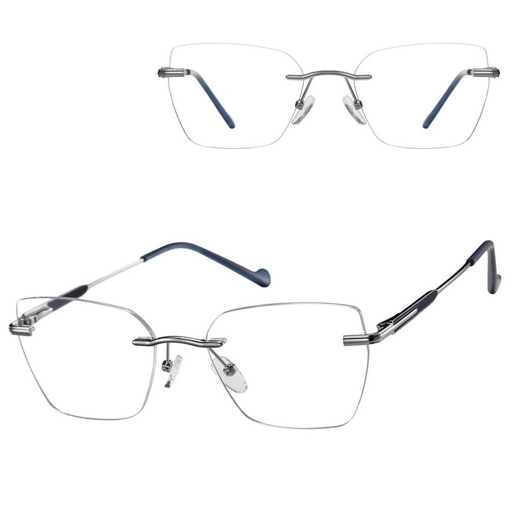 Ochelari de vedere fara rama Sunoptic 872D, metalici, argintii cu insertii bleumarin, forma ochi de pisica, cu suport pentru lentile corective, set cu etui si servetel