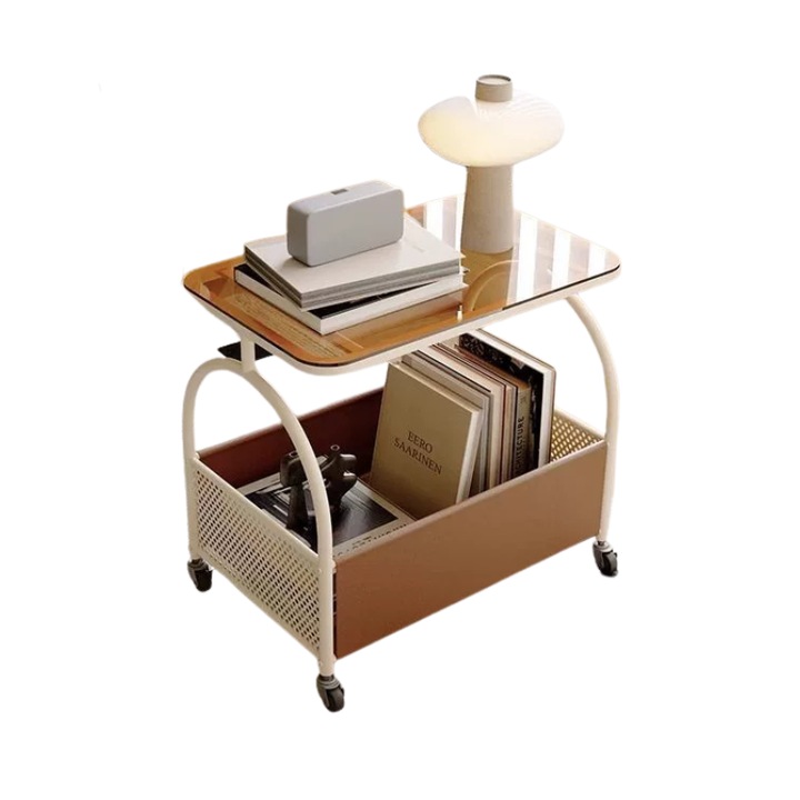 Преносима маса с отделение за съхранение, стъклен плот, метална рамка, 56 x 55 x 36 см, бяла