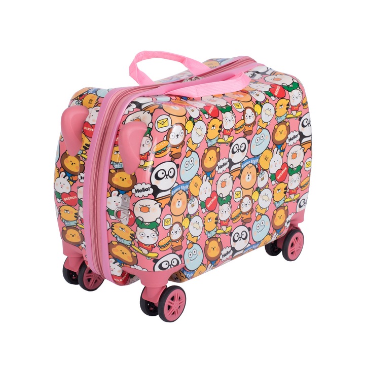 Troler cabina avion copii, cu desene, 4 roti duble 360, roz, 50x20x33cm, CASLON ®