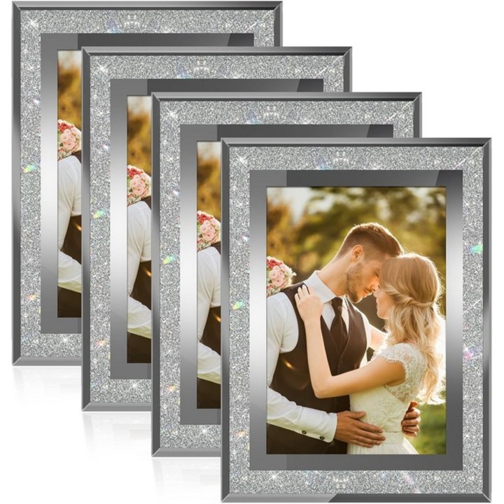 Set 4 rame foto, SIMDAO, 10x15, rame foto din sticla cu sclipici pentru afisaje de masa