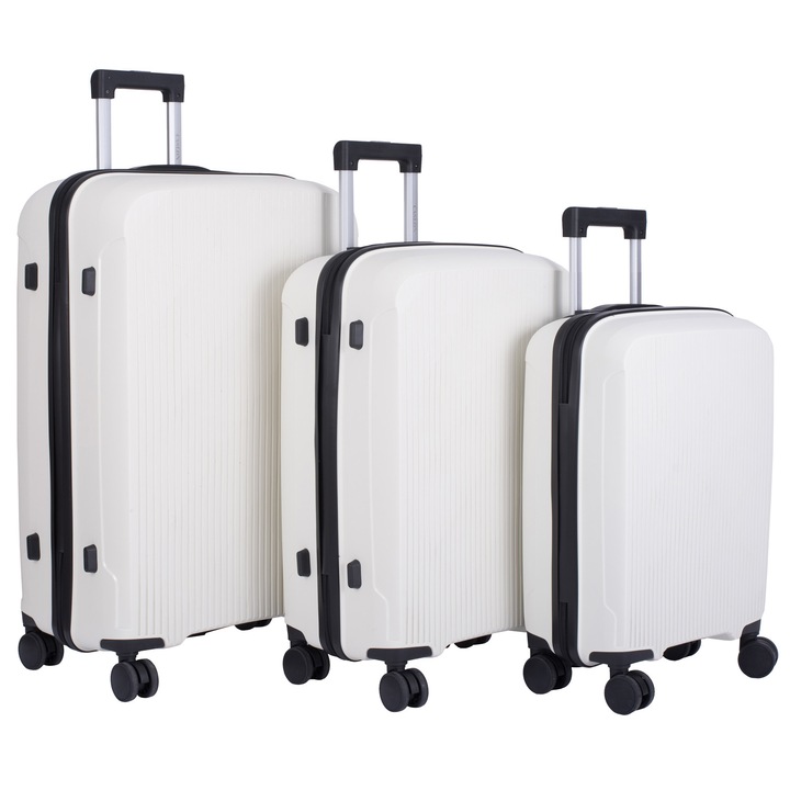 Set 3 Trolere Polipropilena special flexibil anti-casabil, Marime Mare/L 75X45X28 cm, Mediu/M, 65X40X24 cm, Mic/S, 55x36x20 cm, 4 roti duble cu rotatie 360°, Alb/Negru, 171, CASLON ®