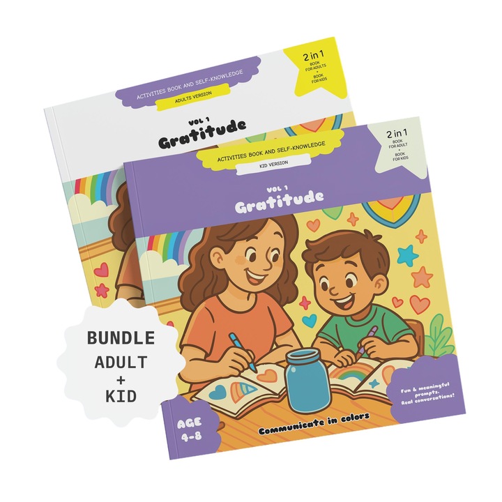 Set Carte activitati auto-cunoastere: desenat/colorat/scris/lucru manual, Parinti+Copii, 2 carti, vol. 1 Recunostinta, 4-8 ani (max 13), 96 pagini, format patrat 22cm, 40 poze, (versiunea in engleza)