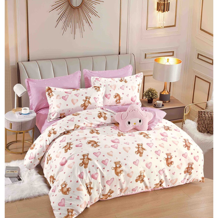 Set Lenjerie CHIRASO, Imprimeu Colorat, Finet Premium, 2 Persoane, 6 Piese, Cearceaf Clasic 234x240 cm, Husa Pilota 200x220 cm, 4 Fete de Perna, alb crem-roz deschis