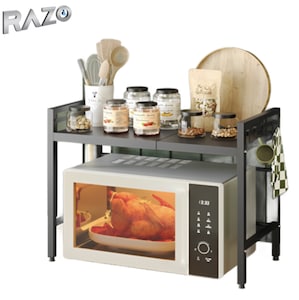 Raft metalic pentru cuptor cu microunde Razo, Etajera ajustabila, Organizator bucatarie, Rafturi ajustabile 40-60 x 32 x 48 cm, Negru