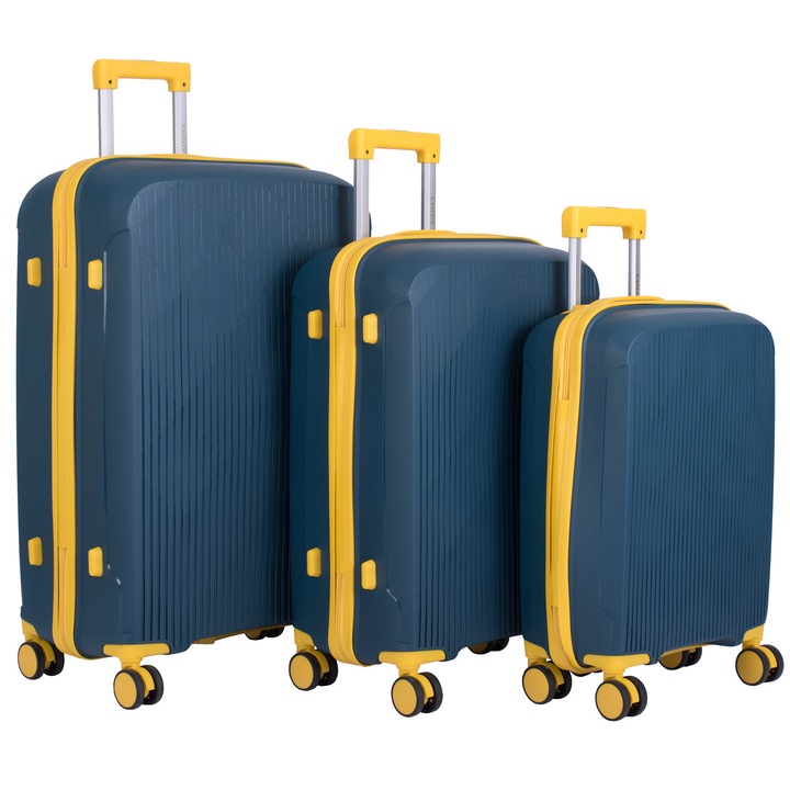 Set 3 Trolere Polipropilena special flexibil anti-casabil, Marime Mare/L 75X45X28 cm, Mediu/M, 65X40X24 cm, Mic/S, 55x36x20 cm, 4 roti duble cu rotatie 360°, Albastru/galben, 171, CASLON ®