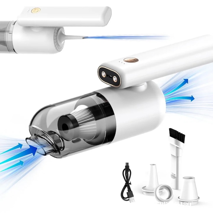 Aspirator auto portabil 2 in 1 FENIKEST H13, fara fir, 3 functii: aspirare, suflare si vidare, autonomie ±30 min, putere mare, rotatie 180°, LED dublu, pompa de aer, filtru HEPA, 6 accesorii, incarcare USB-C, pentru masina si casa – alb