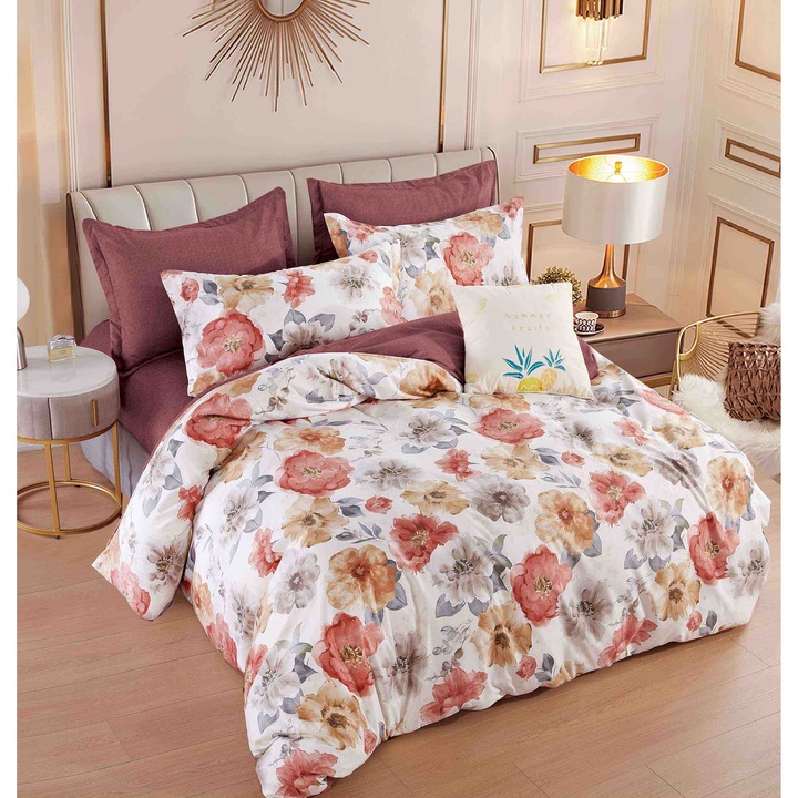 Set Lenjerie CHIRASO, Imprimeu Colorat, Finet Premium, 2 Persoane, 6 Piese: Cearceaf Clasic 234x240cm, Husa Pilota 200x220cm, 4 Fete de Perna, alb-rosu inchis